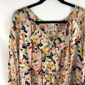 DVF Floral Ruffle Front 3/4 Sleeve Silk Blouse